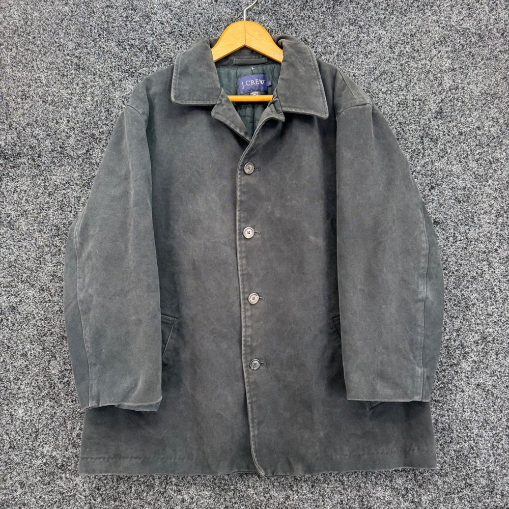 Vintage J.Crew Mens Barn Coat Charcoal Grey Cotton Twill Quilted Lined Large